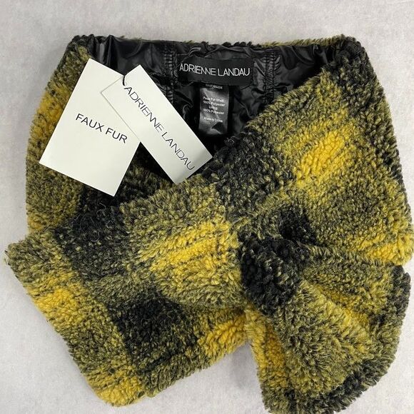 ADRIENNE LANDAU Pull Through Scarf Faux Fur Black Checked Fleece Womens One Size - Picture 1 of 11